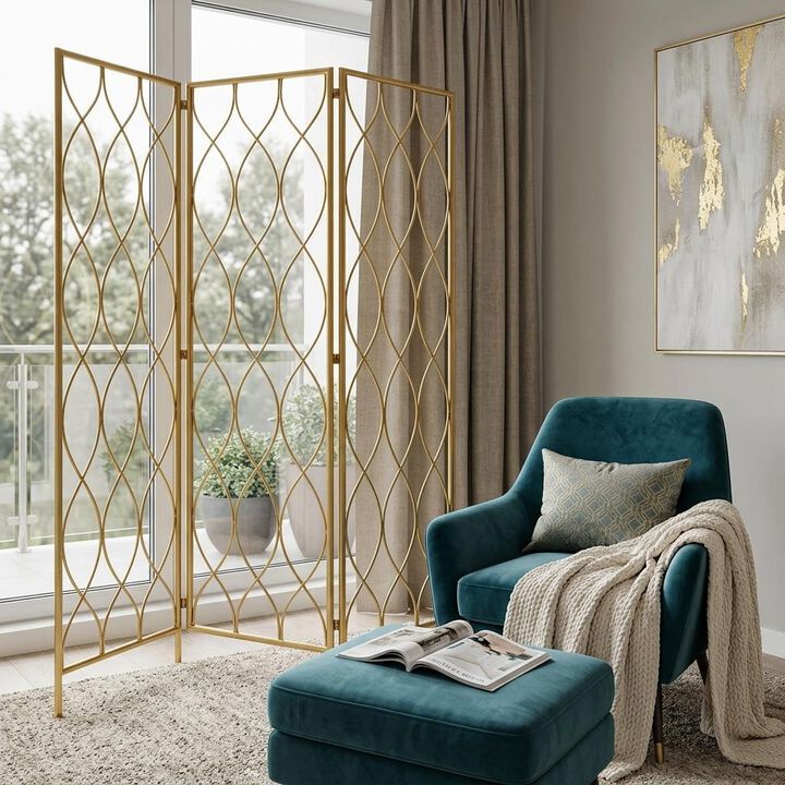 HomeRoots 71" Gold Iron Folding Three Panel Screen Room Divider