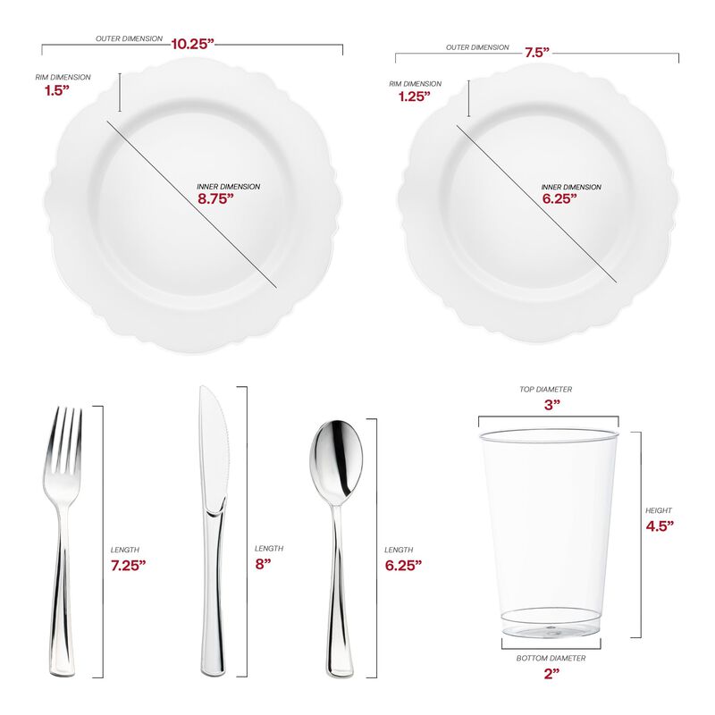 White with Silver Rim Round Blossom Plastic Wedding Value Set (30 Sets) image number 2