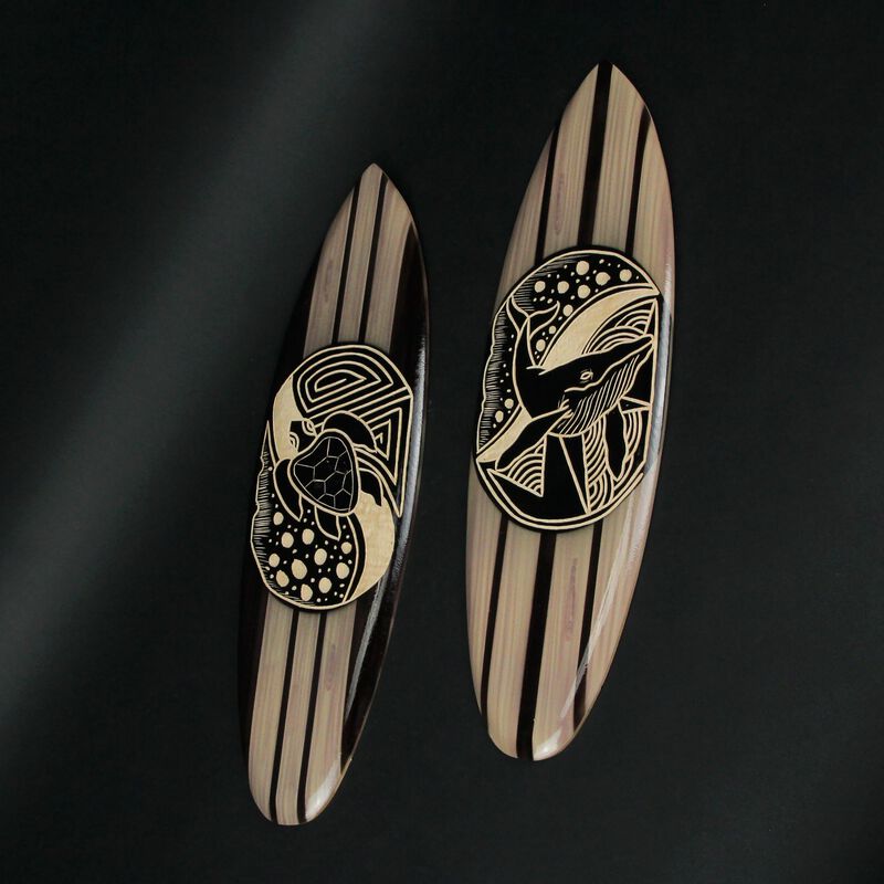 Set Of 2 Hand Carved Wood Surfboards Tiki Decor Whale Turtle Wall Hanging Art image number 3