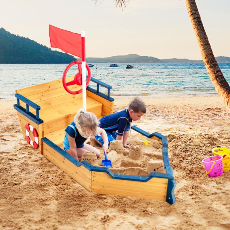Hivvago Kids Pirate Boat Wooden Sandbox Children Outdoor Playset