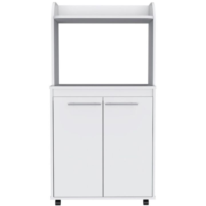 Kira Kitchen Kart, Double Door Cabinet, One Open Shelf, Two Interior Shelves -White