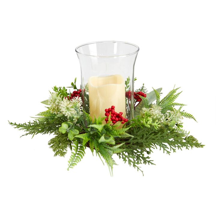 Nearly Natural 8-in Cedar and Berries Artificial Christmas Arrangement Candelabrum
