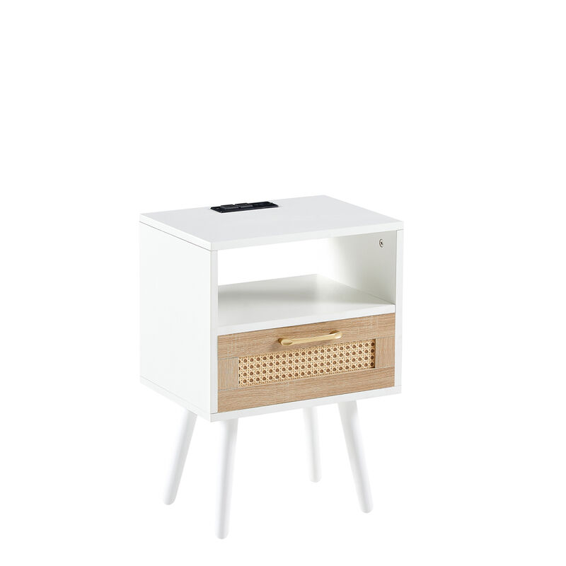 Rattan End table with Power Outlet & USB Ports , Modern nightstand with drawer and solid wood legs, side table for living roon, bedroom, white