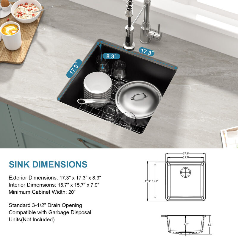 17 in. Black Quartz Composite Undermount Kitchen Sink Single Bowl Prep Bar Basin Round Corner with Bottom Grid image number 6