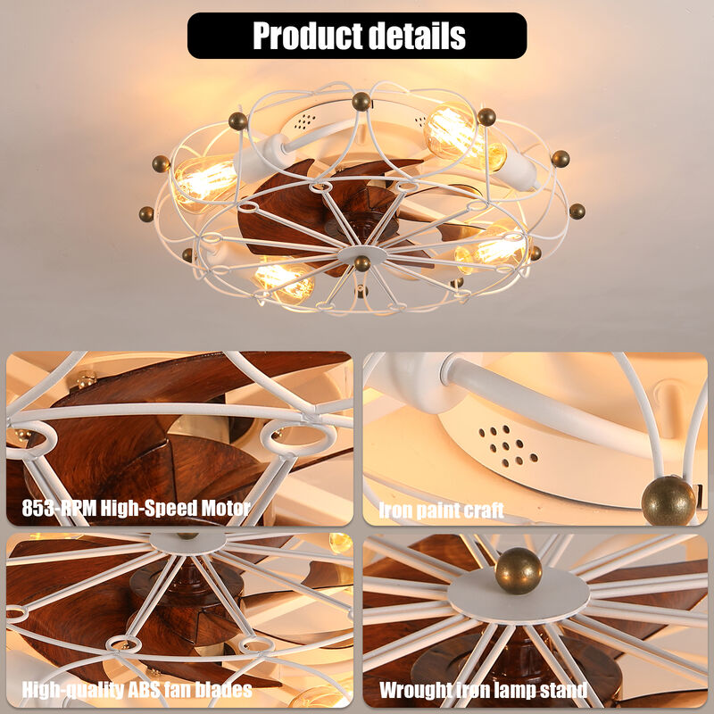 Modern Industrial 20-Inch White Caged Ceiling Fan &ndash; Reversible 6-Speed, with Light Kit & Remote image number 2