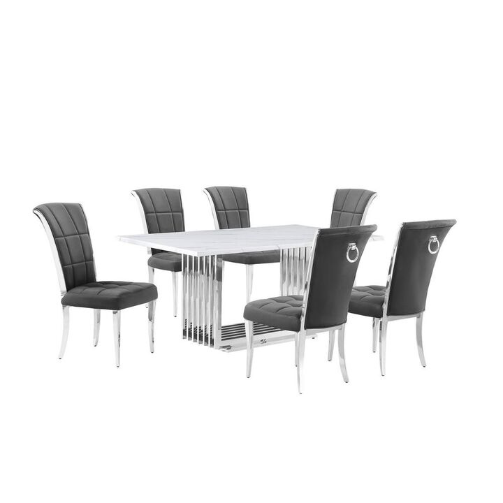 7pc Small(68") marble top dining set with silver base and 6 Dark grey chairs
