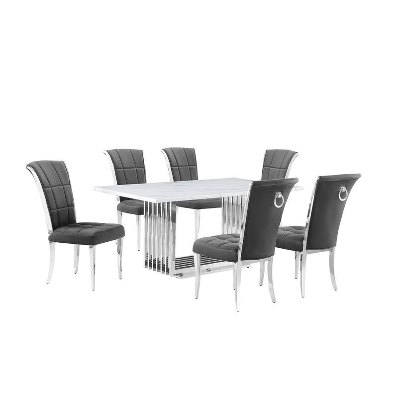 7pc Small(68") marble top dining set with silver base and 6 Dark grey chairs