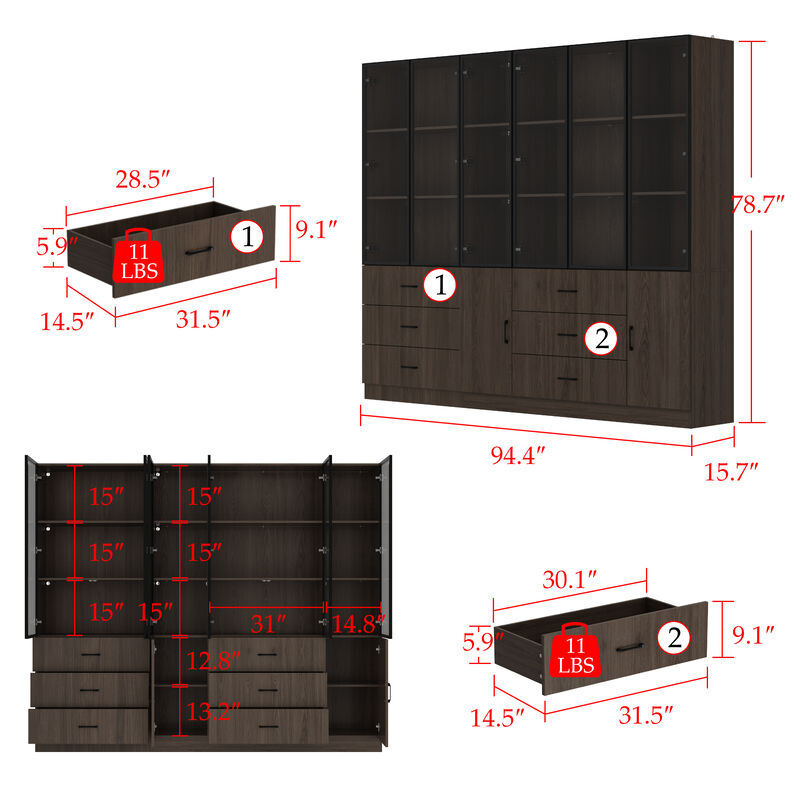 FUFU&GAGA Modern Wood Grain Cabinet with 6 Drawers, Black Aluminum Glass Doors & LED Strip Lights (94.4&rdquo;W x 15.7&rdquo;D x 78.7&rdquo;H), Walnut Finish