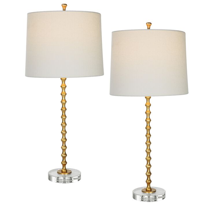 29 Inch Table Lamp, Set of 2, White Tapered Shade, Gold Leaf, Round Base - Benzara