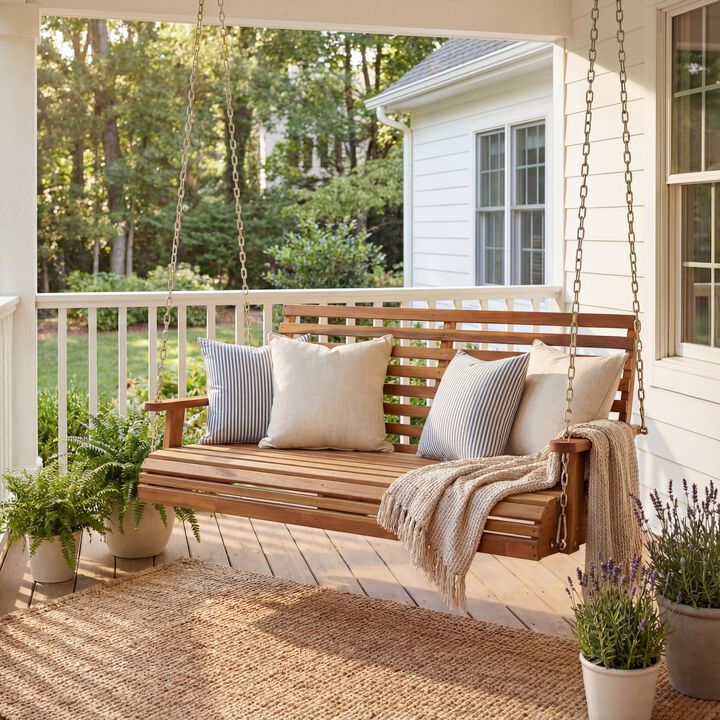 Natura Coastal Farmhouse Slate-Back Acacia Wood Outdoor Porch Swing