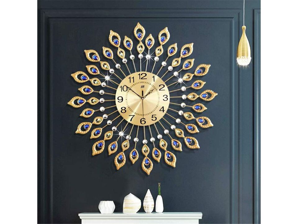 24" Large Modern Wall Clock - Decorative Crystal Peacock Design Silent Battery Operated for Living Room & Kitchen