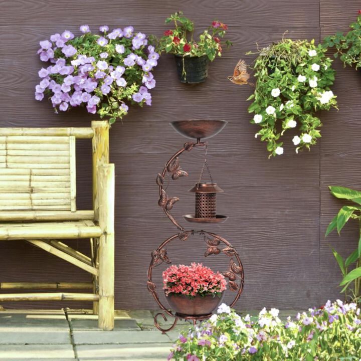 Bird Bath and Solar Bird Feeder Combo with Flower Planter Pedestal Outdoor Garden Decor for Birds and Plants