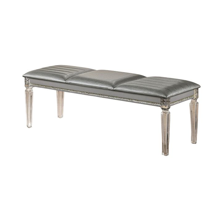 Sam 54 Inch Modern Upholstered Bench, Clear Acrylic Legs, Crystal Accents-Benzara