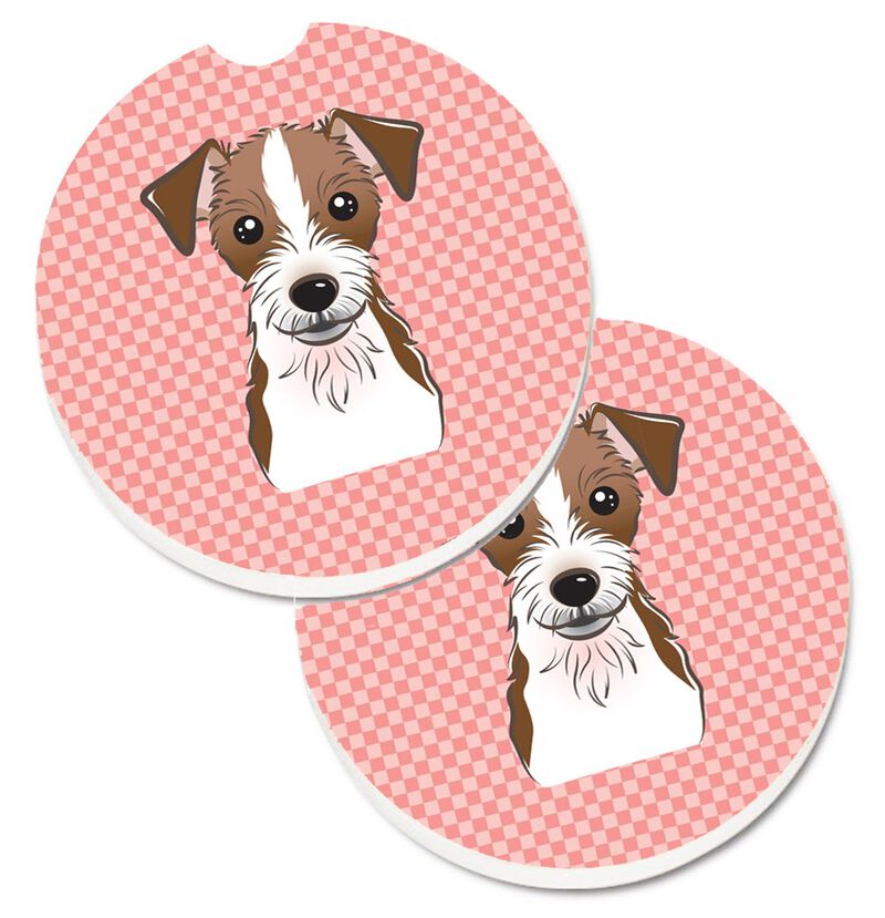 Caroline's Treasures Checkerboard Pink Jack Russell Terrier Set of 2 Cup Holder Car Coasters BB1202CARC, 2.56, Multicolor