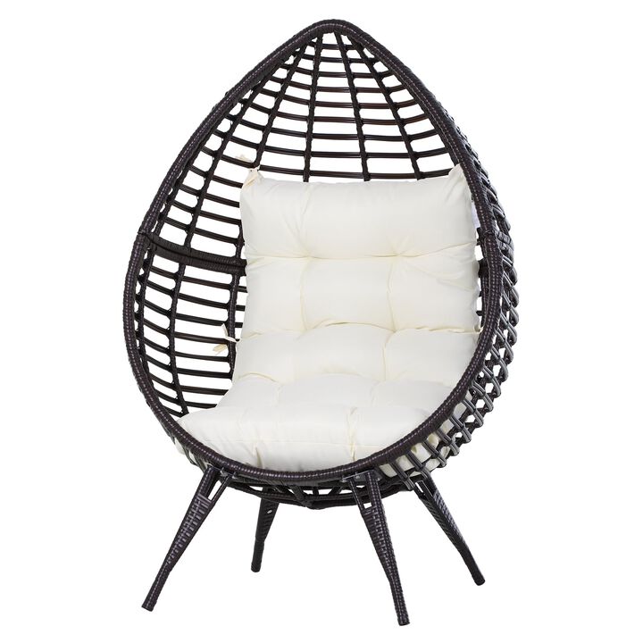 Outdoor/Indoor PE Rattan Egg Cuddle Chair with Soft Cushion, Height Adjustable Knob for Backyard, Brown Teardrop Wicker Lounge Chair