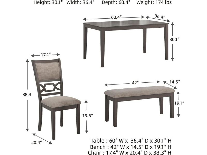 Dining Set &ndash; 6‑Piece Gray Wood Table with Bench & Diamond‑Pattern Upholstered Chairs image number 1