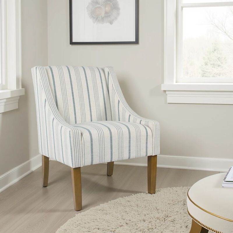 Stripe Pattern Fabric Upholstered Accent Chair with Wooden Legs, Multicolor image number 1