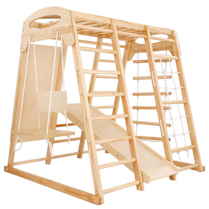 Wooden Toddler Indoor Playground with Slide Swing Net Ladder and Climbing Wall