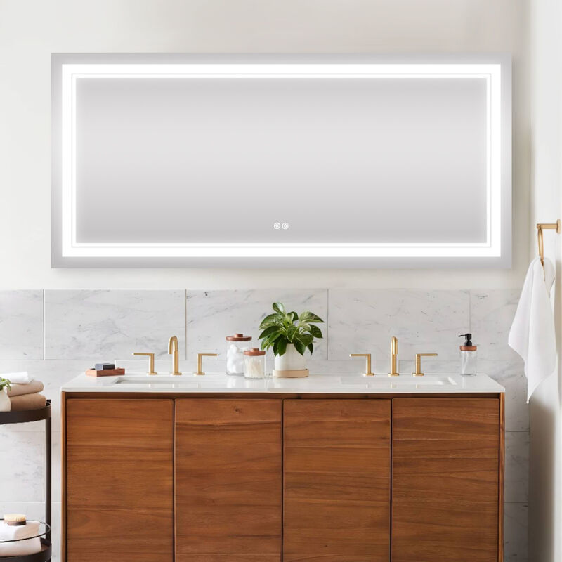 60x28 Inch LED Lighted Bathroom Mirror with 3 Colors Light, Wall Mounted Bathroom Vanity Mirror with Touch Button, Anti-Fog Dimmable Makeup Mirror (Horizontal/Vertical)