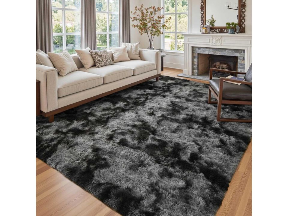 Dark Grey Shag Area Rug 6 by 9 Tie Dyed Soft Fluffy Carpet for Living Room