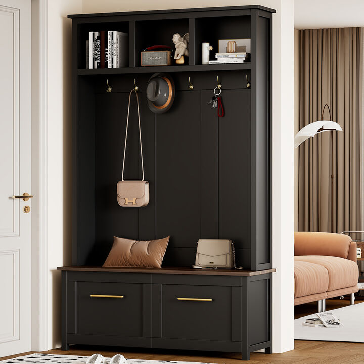 Whisen Farmhouse 4-in-1 Hall Tree with Bench, 6 Hooks, 2 Drawers, Multiple Storage for Hallway, Mudroom