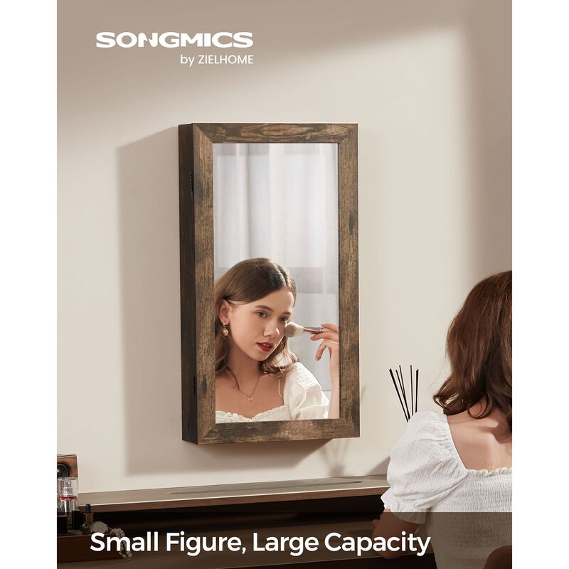 Space-Saving Wall-Mounted Jewelry Cabinet with Mirror and Lock - Rustic Brown Finish image number 1
