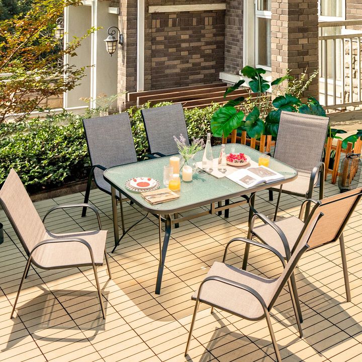 Mondawe 7Pcs Outdoor Dining Set,55" Rectangular Table With Umbrella Hole&6 Stackable Fabric Chairs