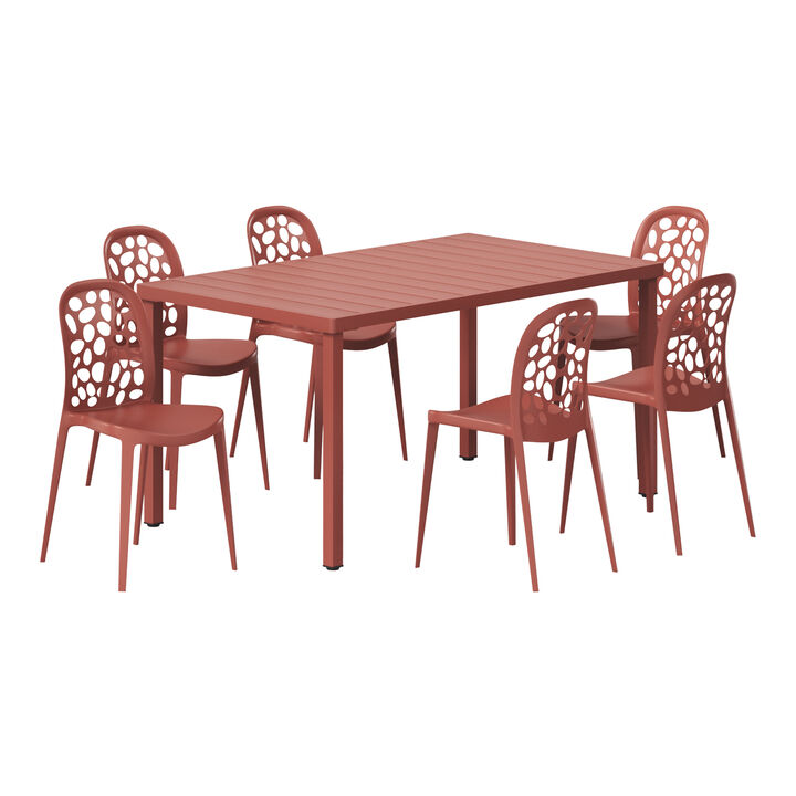 WestinTrends 7-Piece Outdoor Metal Rectangle Patio Dining Table Set With Stackable Patio Dining Side Chairs