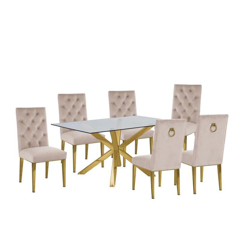 Contemporary 7pc Dining Set, Glass Dining Table w/Stainless Steel Gold Base & Velvet Tufted Chrome Leg Dining Chairs, Beige