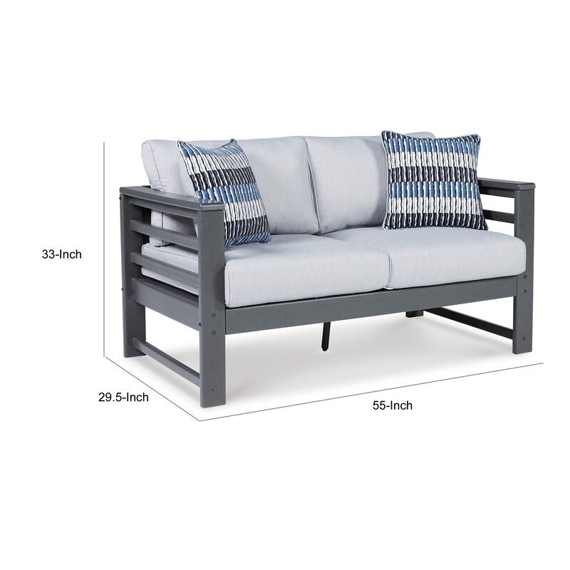 55 Inch Outdoor Loveseat, Gray Frame, Cushioned Seat, 2 Throw Pillows - Benzara
