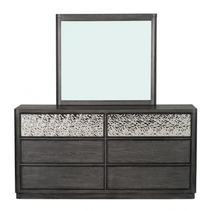 Zoko Wide Dresser with 5 Drawers, Textured Metal Accents, Ash Gray - Benzara