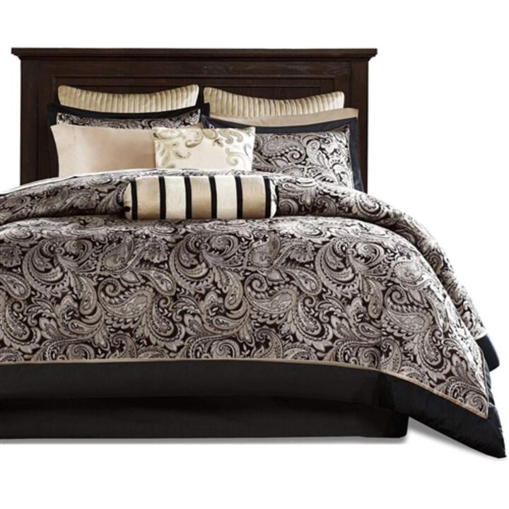 Hivvago King 12 Piece Cotton Polyester Comforter Set Black Gold Paisley
