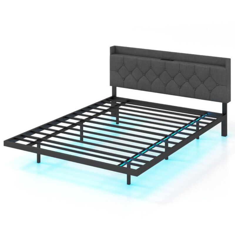 Hivvago Floating Bed Frame with LED and Headboard and Charging Station-Queen