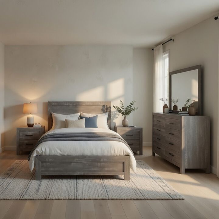 King Bedroom Set, Farmhouse Style, Gray, 5 Piece Set with 2 Nightstands, Dresser, and Mirror