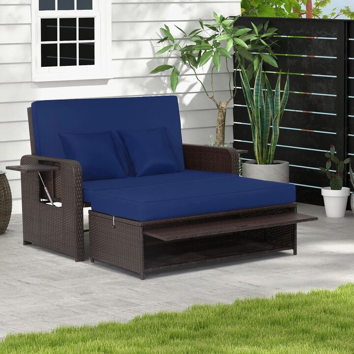 Mondawe Patio Rattan Daybed with 4-Level Adjustable Backrest and Retractable Side Tray