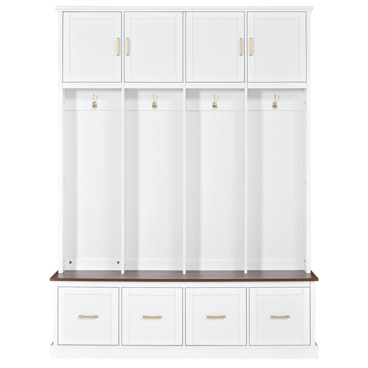 Merax All-in-One Entryway Hall Tree with Hanging Hooks, Upper Cabinet, 3 Drawers & Seating Bench