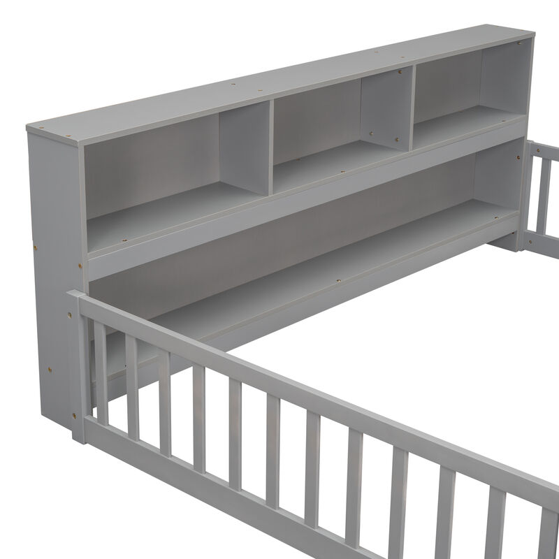 Whisen Full Floor Bed with Protective Fence, Side Bookshelf, and Built-in Shelves for Kids Room