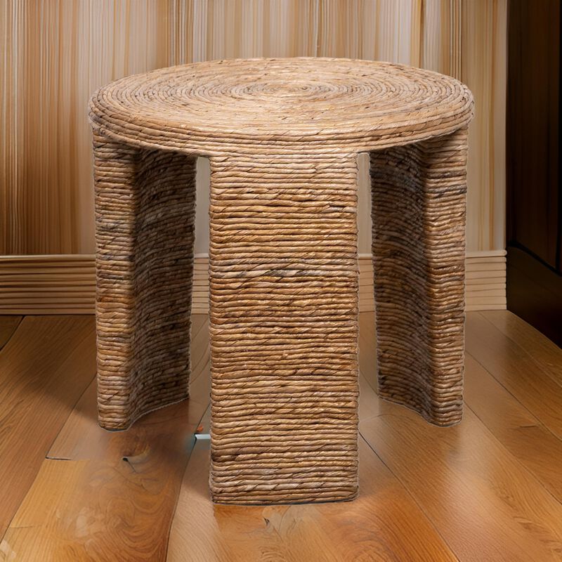 Asha 22 Inch Side End Table, Round Shaped Top with Natural Rattan Wrapping