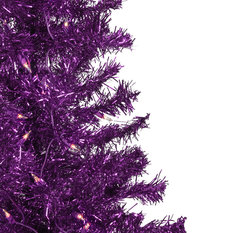 4' Pre-Lit Purple Tinsel Artificial Christmas Tree- Clear Lights  Purple Wire