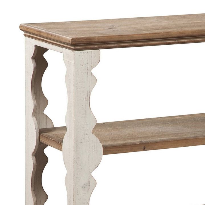 Traditional Style Console Sofa Table with Scalloped Design, White and Brown-Benzara