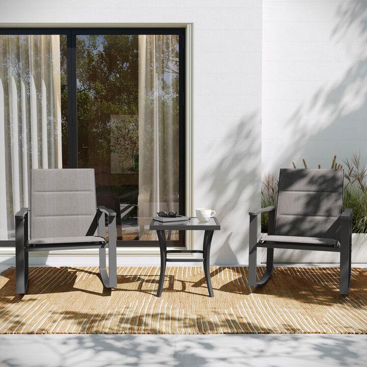 Flash Furniture Brazos 3 Piece Outdoor Rocking Chair Bistro Set with Flex Comfort Material and Steel Framed Glass Top Table
