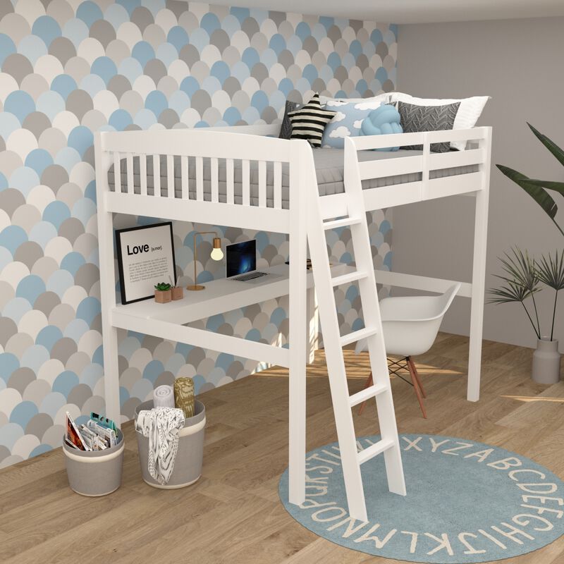 Everest White High Loft Bed with Desk and Storage, Space Saver Full Size Kids Loft Bed with Stairs for Toddlers Assembled in Sturdy Solid Wood, No Box Spring Needed