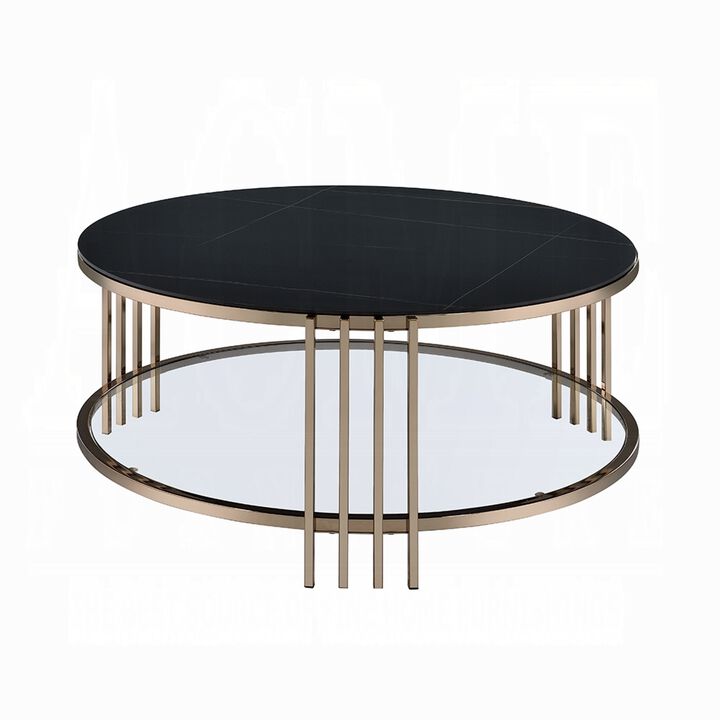Abio Coffee Table, 35 Inch, Round Sintered Stone Top, Black and Gold