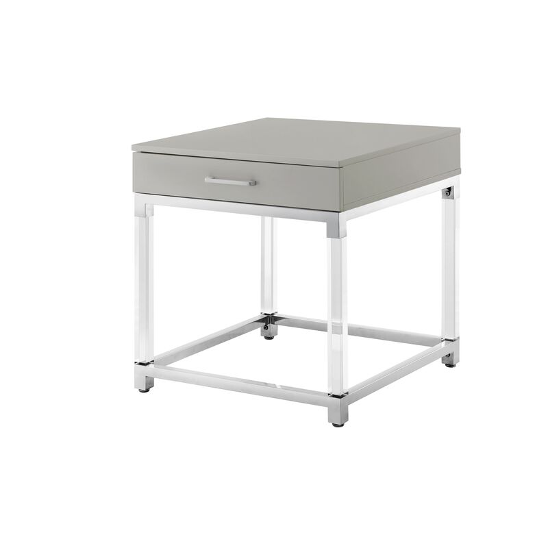 Inspired Home Kalel High Gloss 1 Drawer End Table with Acrylic Legs Stainless Steel Base
