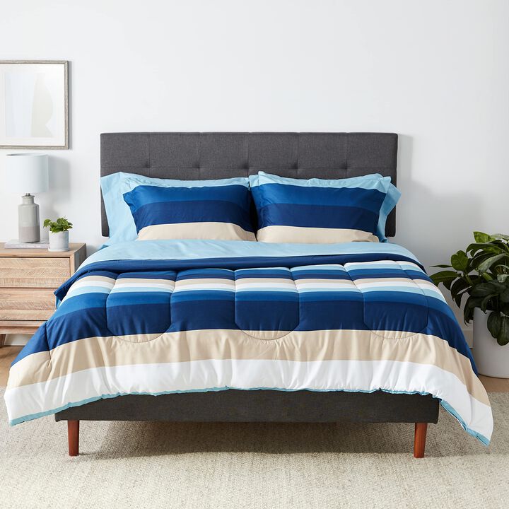 Amazon Basics Full/Queen Comforter Set with Sheets, 5-Piece Blue Stripe Bedding, Lightweight Microfiber Bed-in-a-Bag