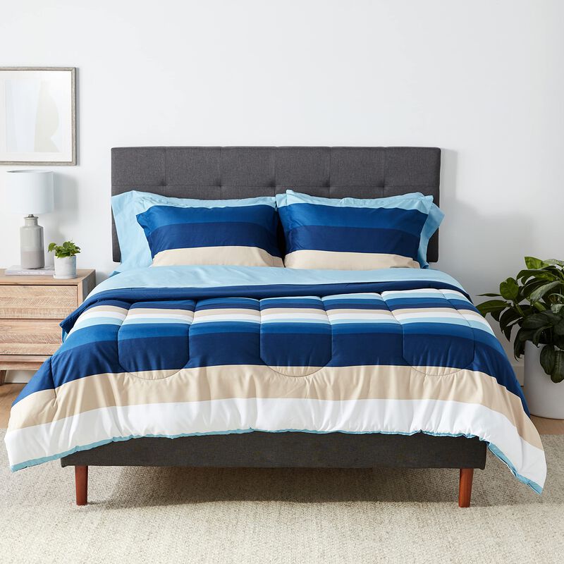 Amazon Basics Full/Queen Comforter Set with Sheets, 5-Piece Blue Stripe Bedding, Lightweight Microfiber Bed-in-a-Bag