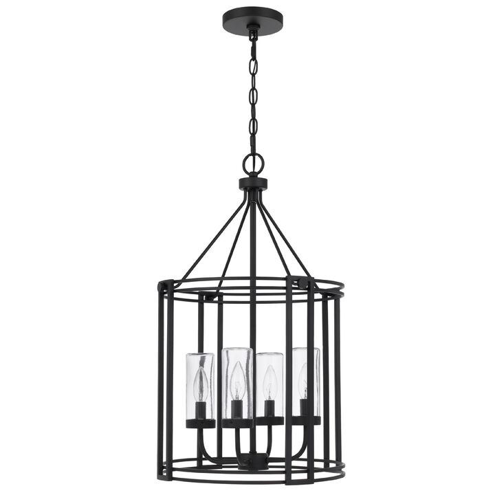 4-Light Chandelier with Clear Glass Shades, 26 Inch Black Round Cage