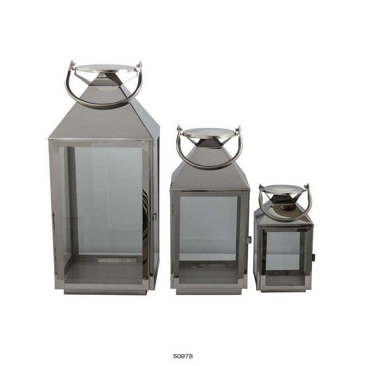 Davi Set of 3 Decorative Lanterns, Curved Handles, Glass Panel Silver Metal - Benzara