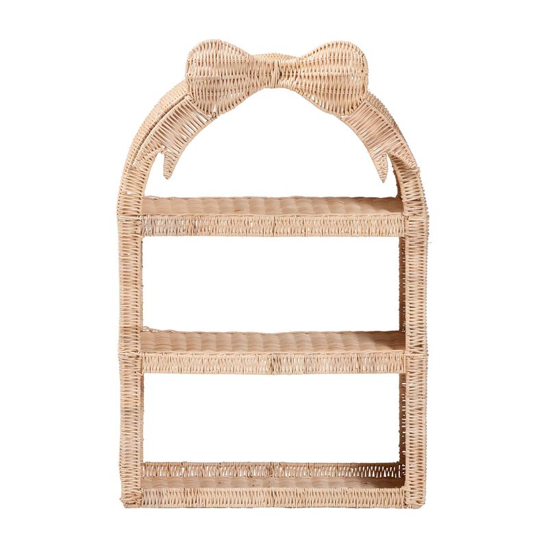 bali & pari Creusa Natural Rattan Wall Shelf - 3-Tier Decorative Storage Rack with Arched Frame and Woven Bow Accent, Boho Coastal Display Shelf
