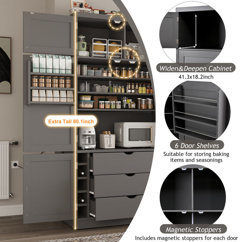 Merax Extra-Large Kitchen Pantry - 6-Door Storage with Built-In Power Outlets & Wine Racks image number 5